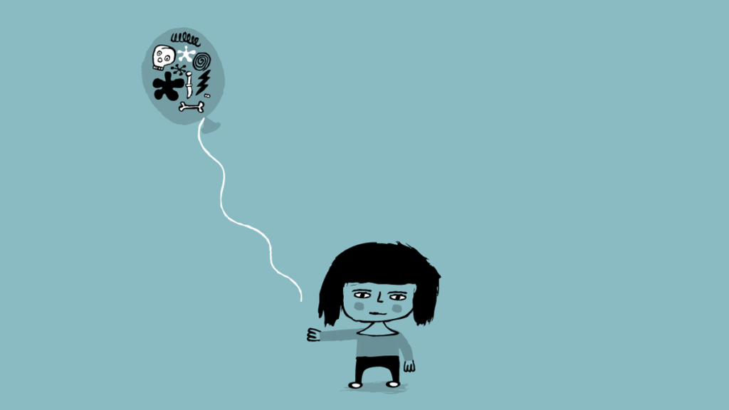 Little androgynous child with a thought balloon
